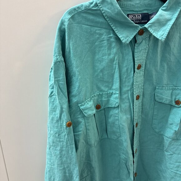 VTG Polo Ralph Lauren Linen Silk Mens L/S Button Up Turquoise Shirt 2 Pocket 2XL - Picture 3 of 10